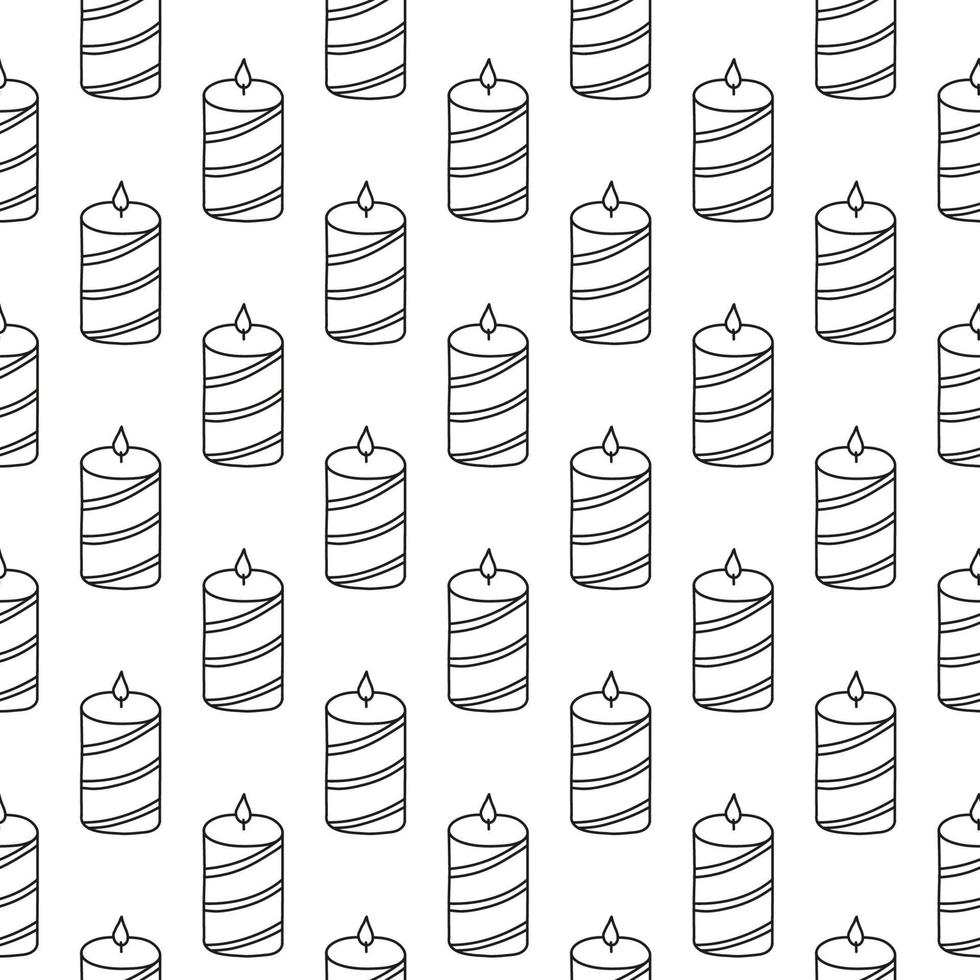 Black and white seamless pattern with doodle outline striped candles. vector
