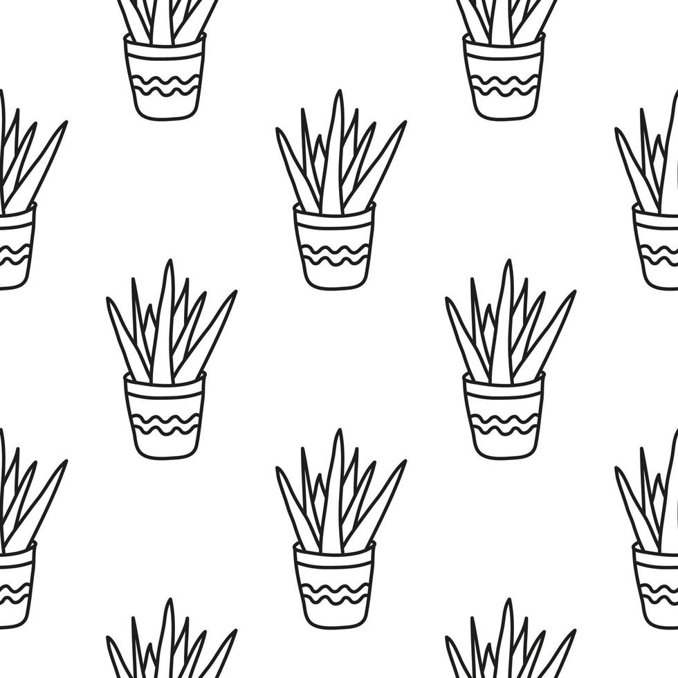 Black and white seamless pattern with doodle outline plants in pots. vector