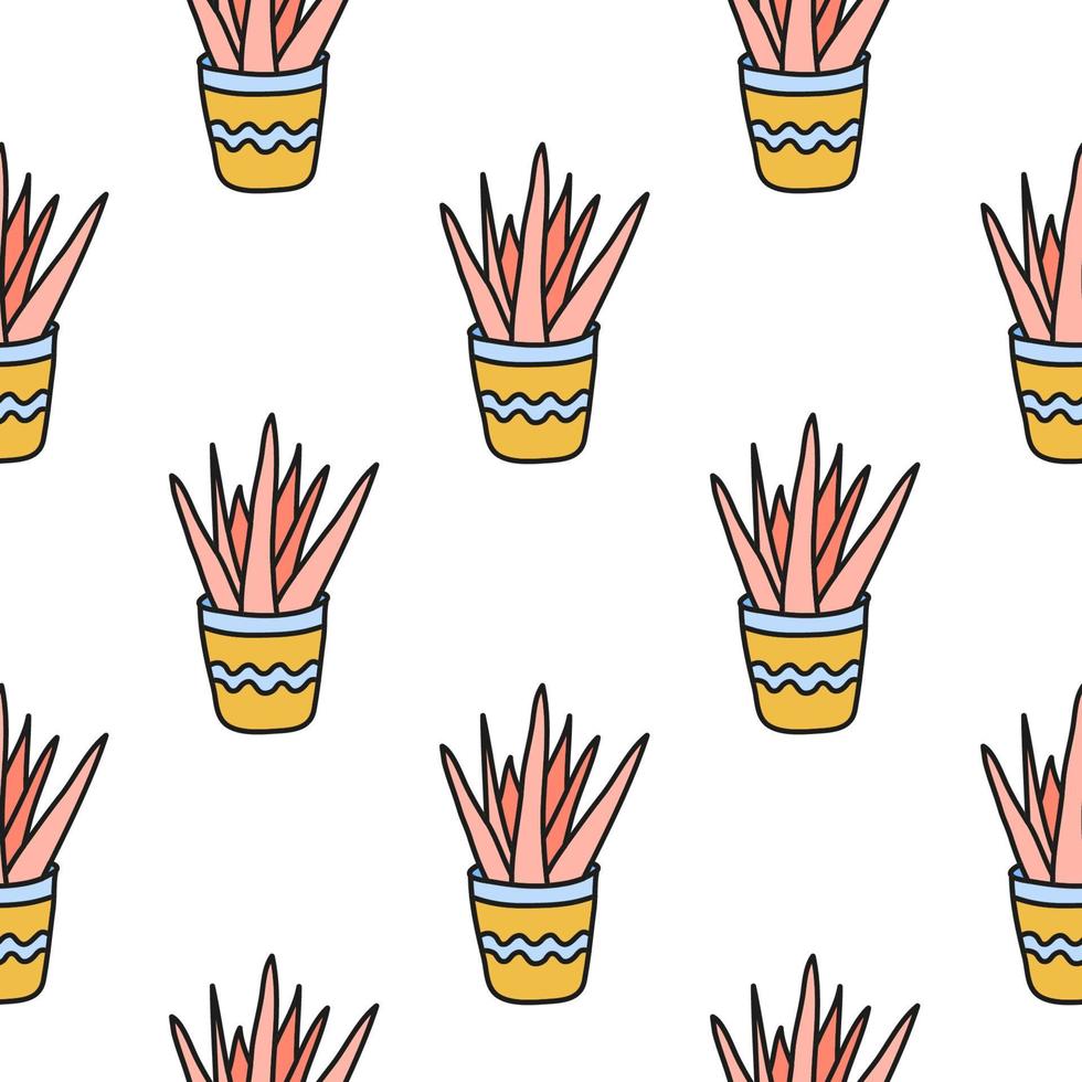 Simple seamless pattern with doodle colored plants in pots. vector