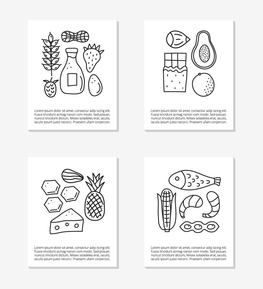 tarjetas con íconos de alérgenos alimentarios de contorno de garabatos que incluyen pescado, mariscos, queso, leche, trigo, huevos, cítricos, miel, chocolate, frutas. espacio para texto. vector