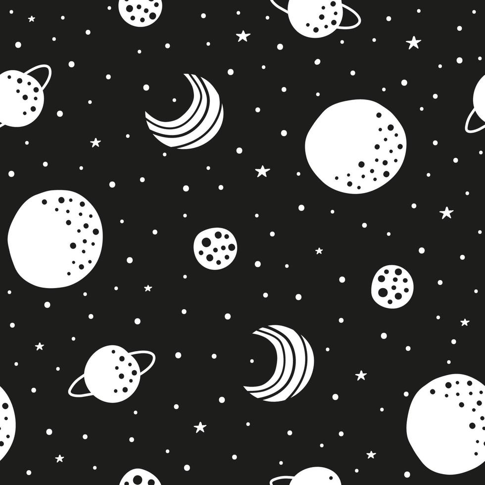 espacio en blanco y negro de patrones sin fisuras con luna de fideos, estrellas y planetas. vector