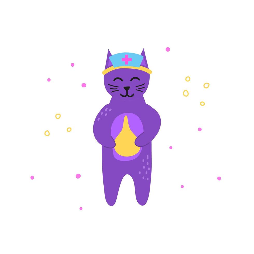 lindo personaje de gato doctor violeta garabato con enema aislado sobre fondo blanco. vector