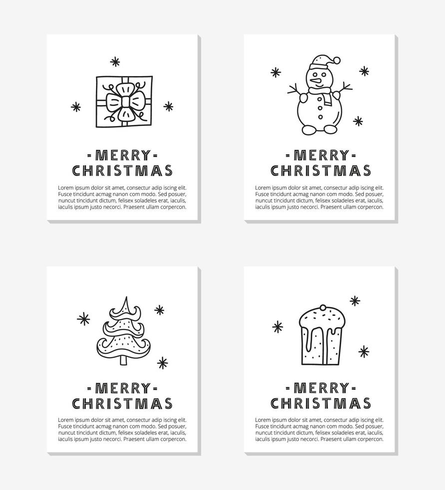 tarjetas con texto y lindo contorno doodle navidad y año nuevo iconos incluyendo muñeco de nieve, abeto, presente, panettone aislado sobre fondo gris. vector