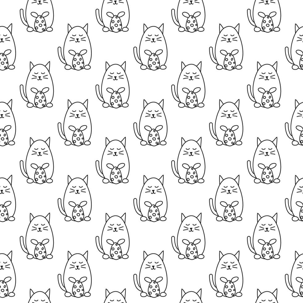 Black and white seamless pattern with cute doodle outline cats and eggs. vector