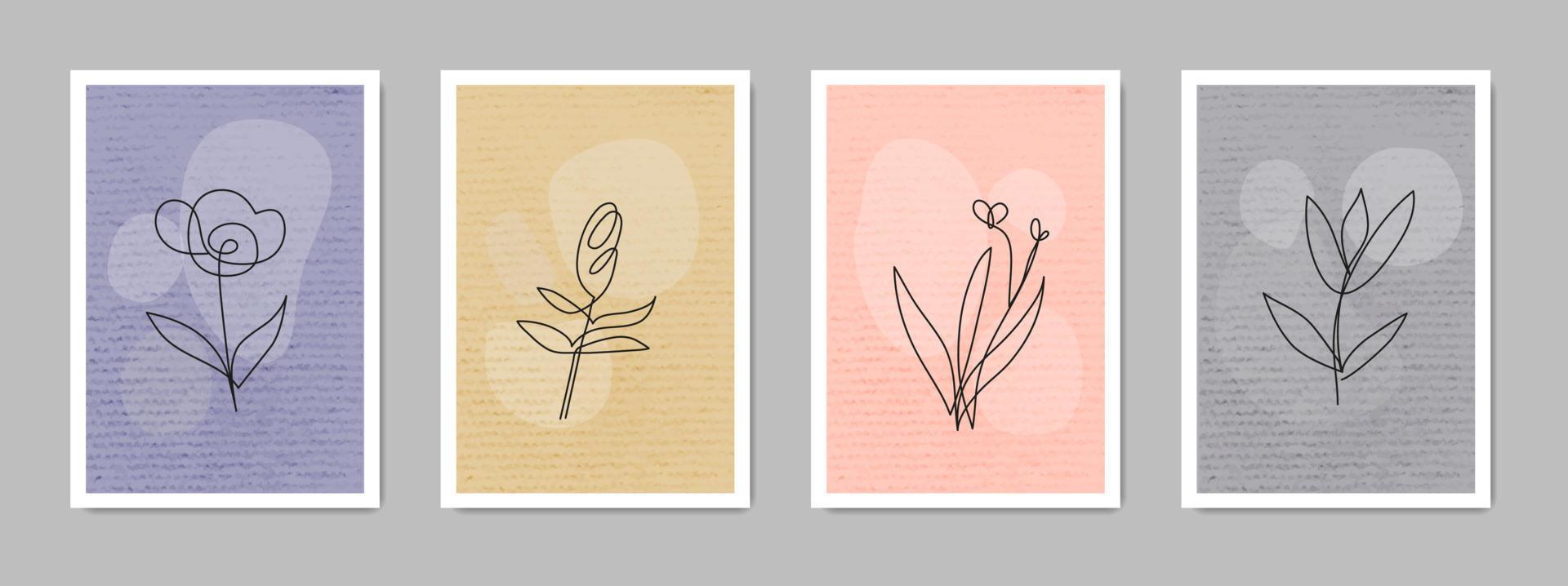 conjunto de coloridos carteles contemporáneos abstractos con flores de una línea aisladas en fondo gris. simples carteles minimalistas de moda. vector