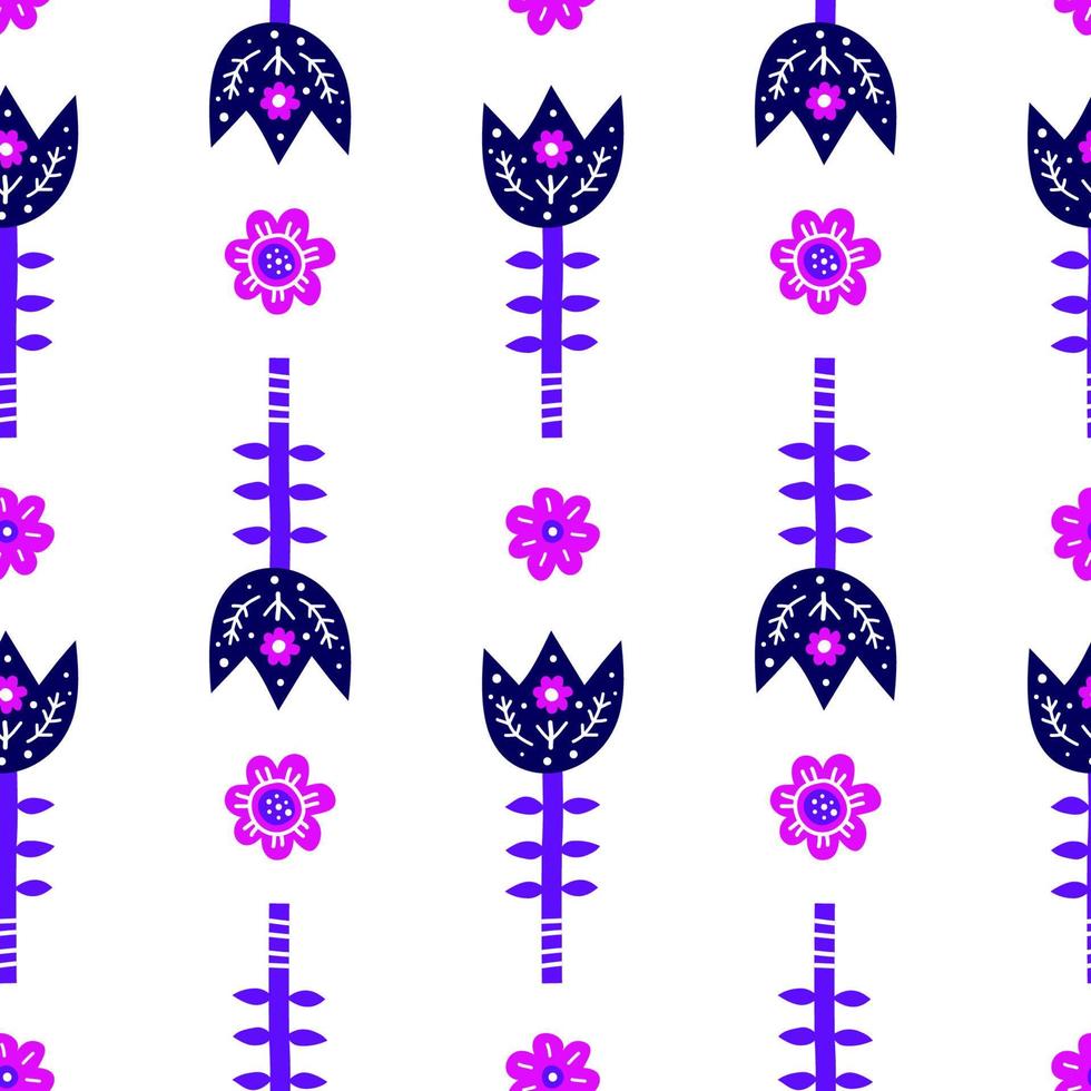 White seamless pattern with doodle violet flowers in Scandinavian folk art style. vector