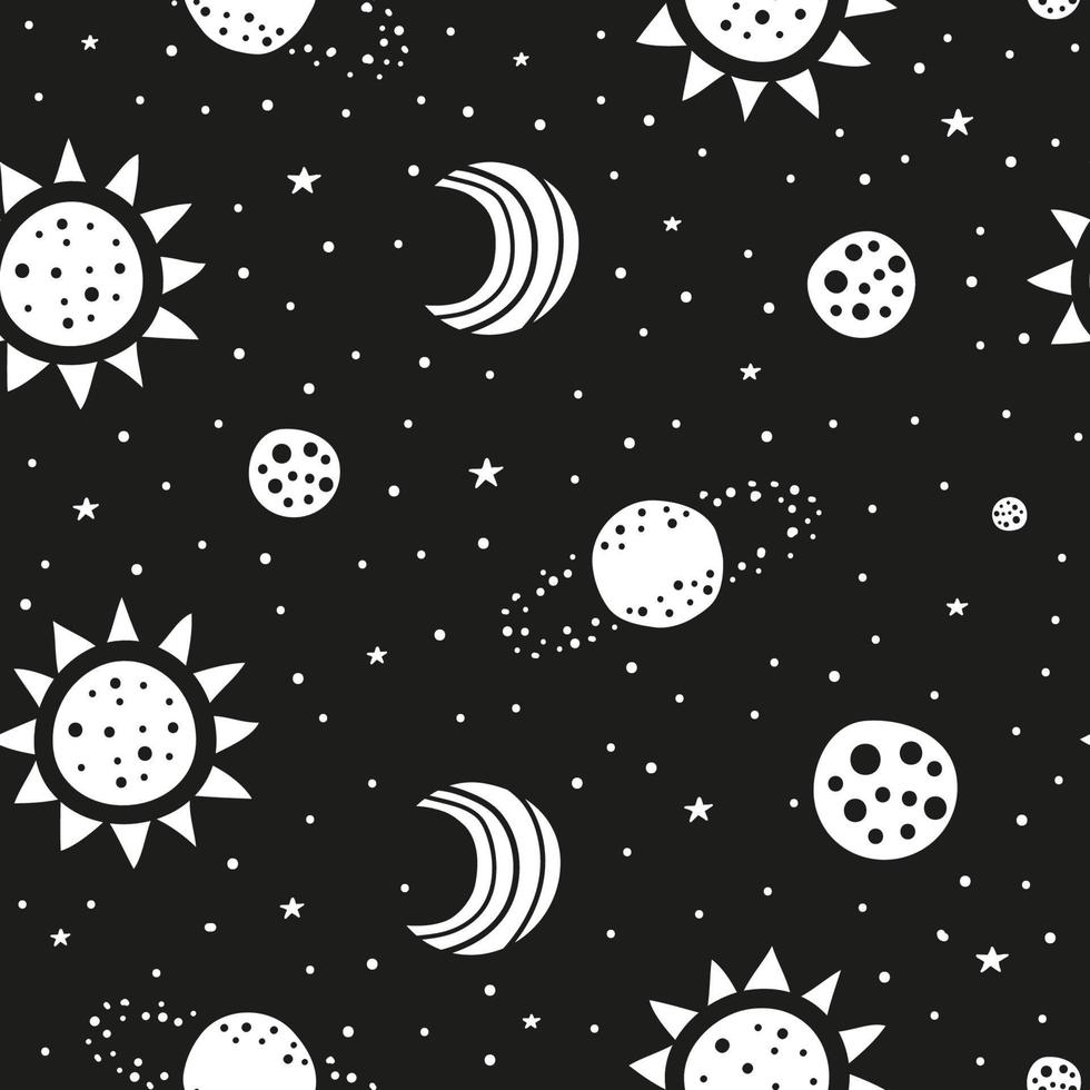 espacio en blanco y negro de patrones sin fisuras con doodle sol, luna, estrellas y planetas. vector