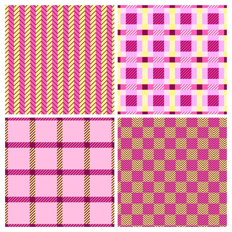Set of classic seamless patterns with tartan plaid and chevron checks designs. Perfect for clothing, textile, notebook covers. vector
