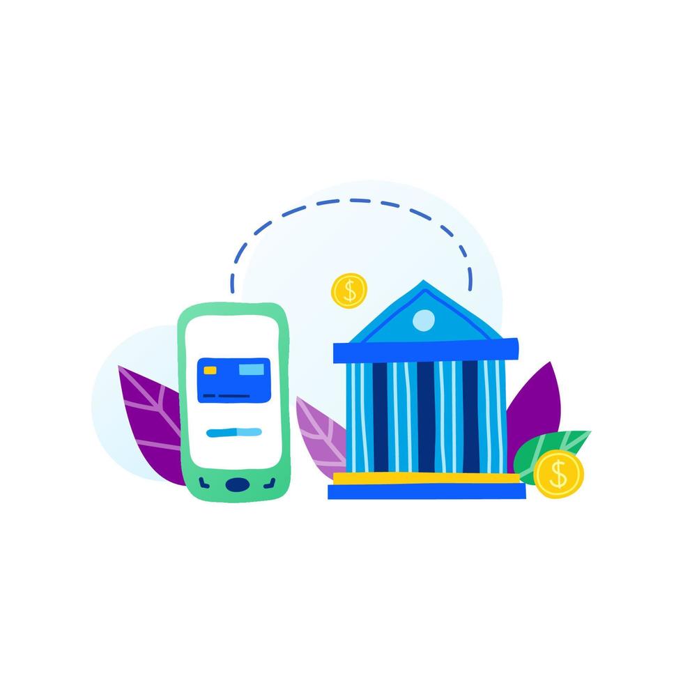 Flat doodle smartphone, bank icon and leaves in purple, blue, green colors isolated on white background. Money transactions and payments concept. vector