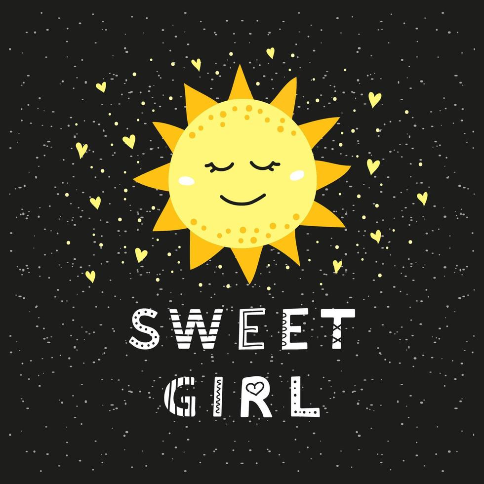Poster with doodle happy sun character and lettering in Scandinavian style. vector