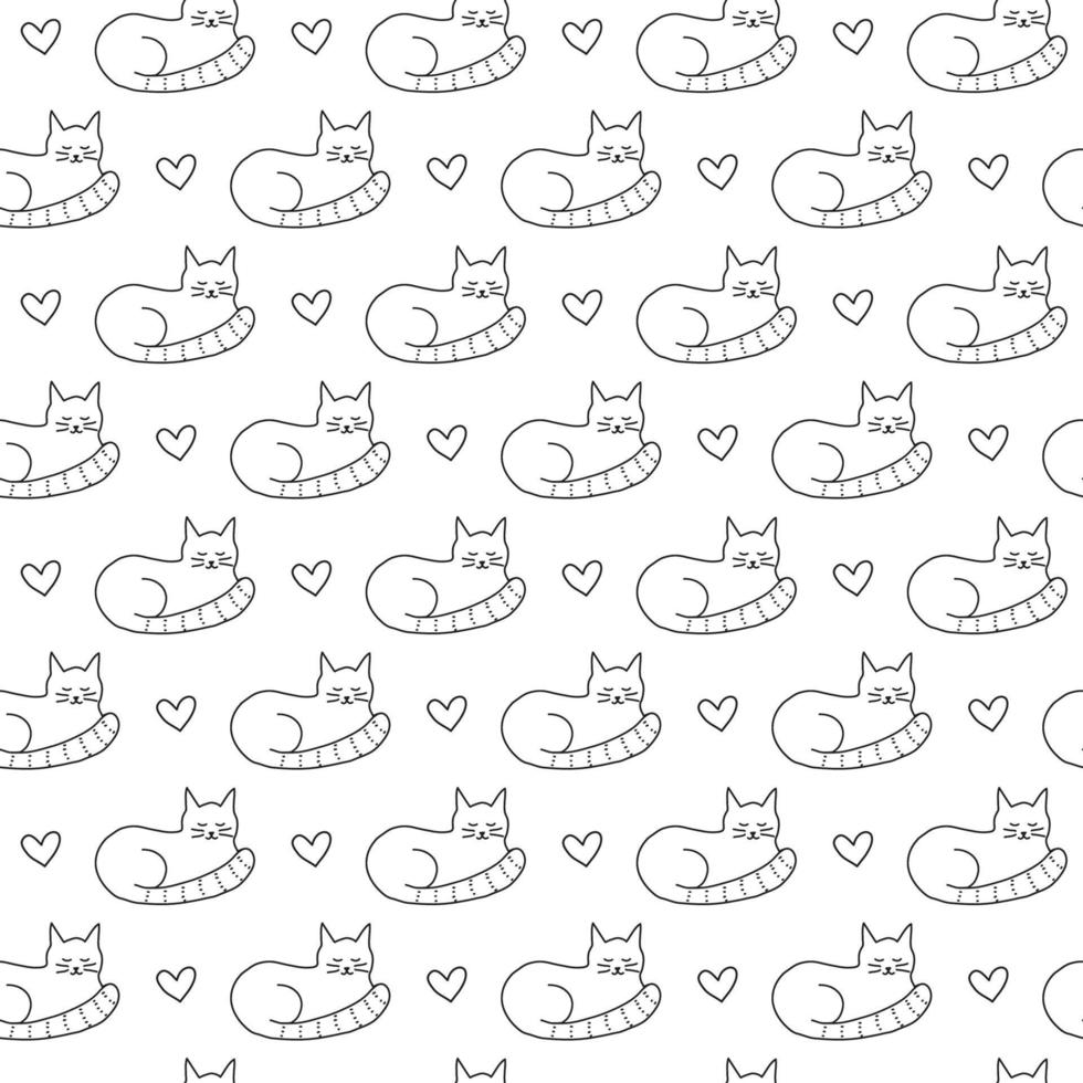 Black and white seamless pattern with doodle outline cats and hearts. vector