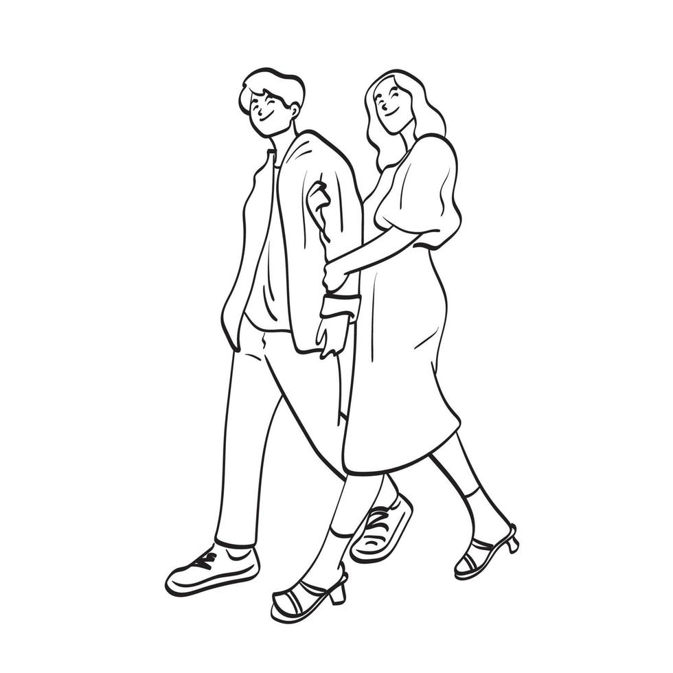 línea arte sonriente pareja brazo en brazo caminando juntos ilustración vector dibujado a mano aislado sobre fondo blanco