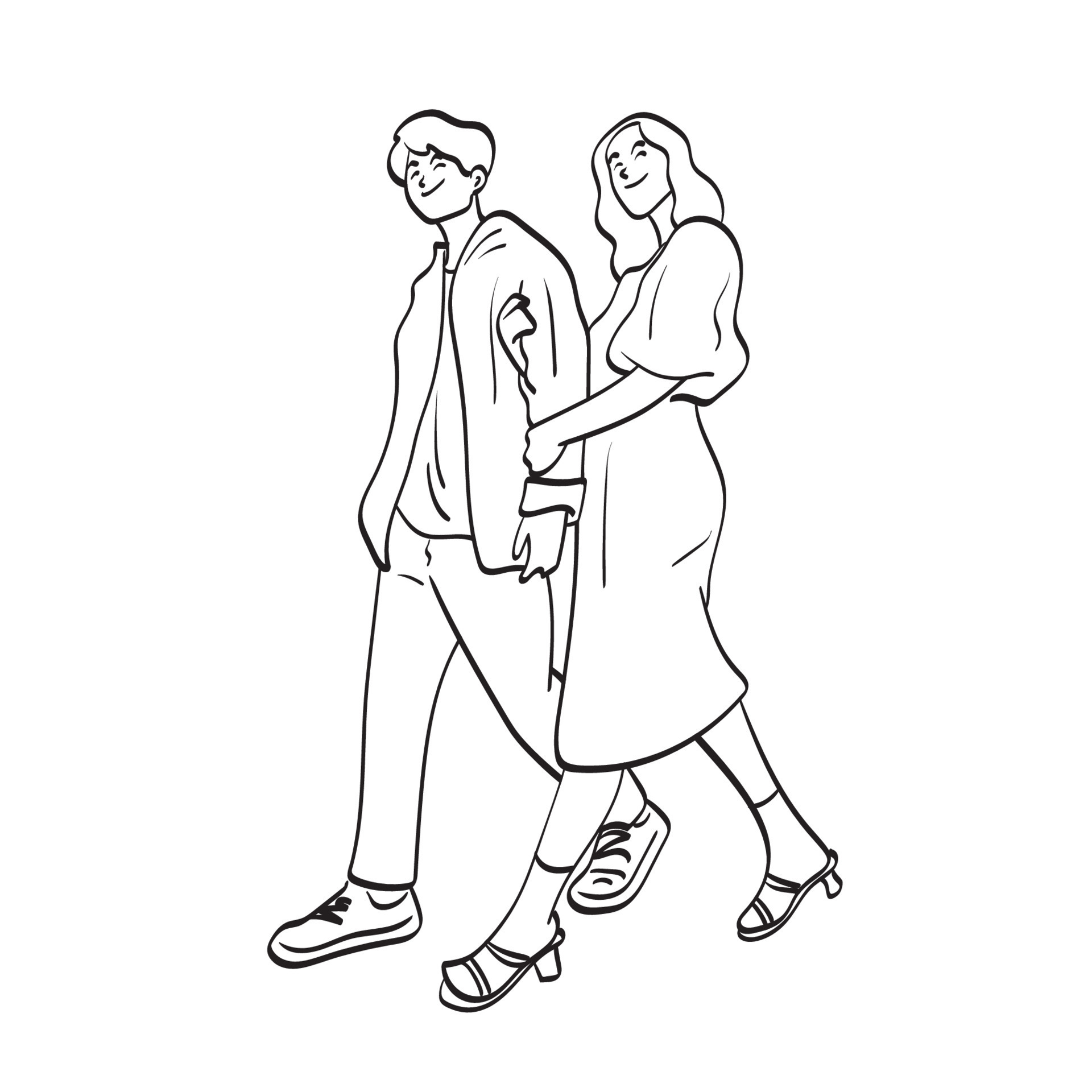 line art smiling couple arm in arm walking together illustration vector