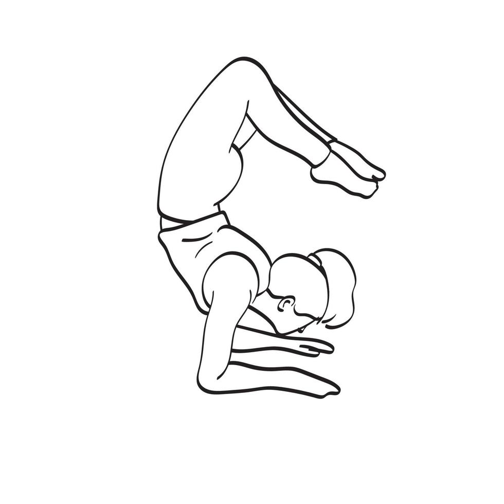 longitud completa de mujer yogui en forma haciendo inversión avanzada y equilibrio de brazo escorpión parada de manos ilustración vector dibujado a mano aislado en el arte de línea de fondo blanco. vrischikasana.