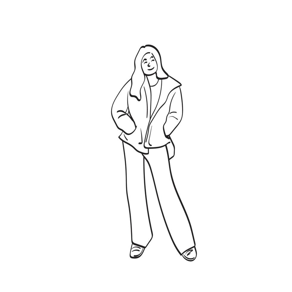 line art full length of standing woman in warm winter clothes posing illustration vector hand drawn isolated on white background