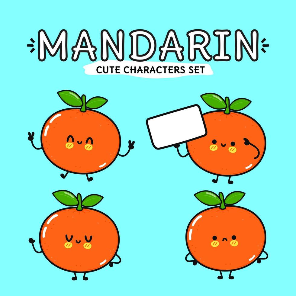 divertido lindo feliz conjunto de personajes de mandarín. diseño de icono de ilustración de personaje de dibujos animados de estilo de fideos dibujado a mano vectorial. aislado sobre fondo azul. linda colección de personajes de mascota mandarina vector