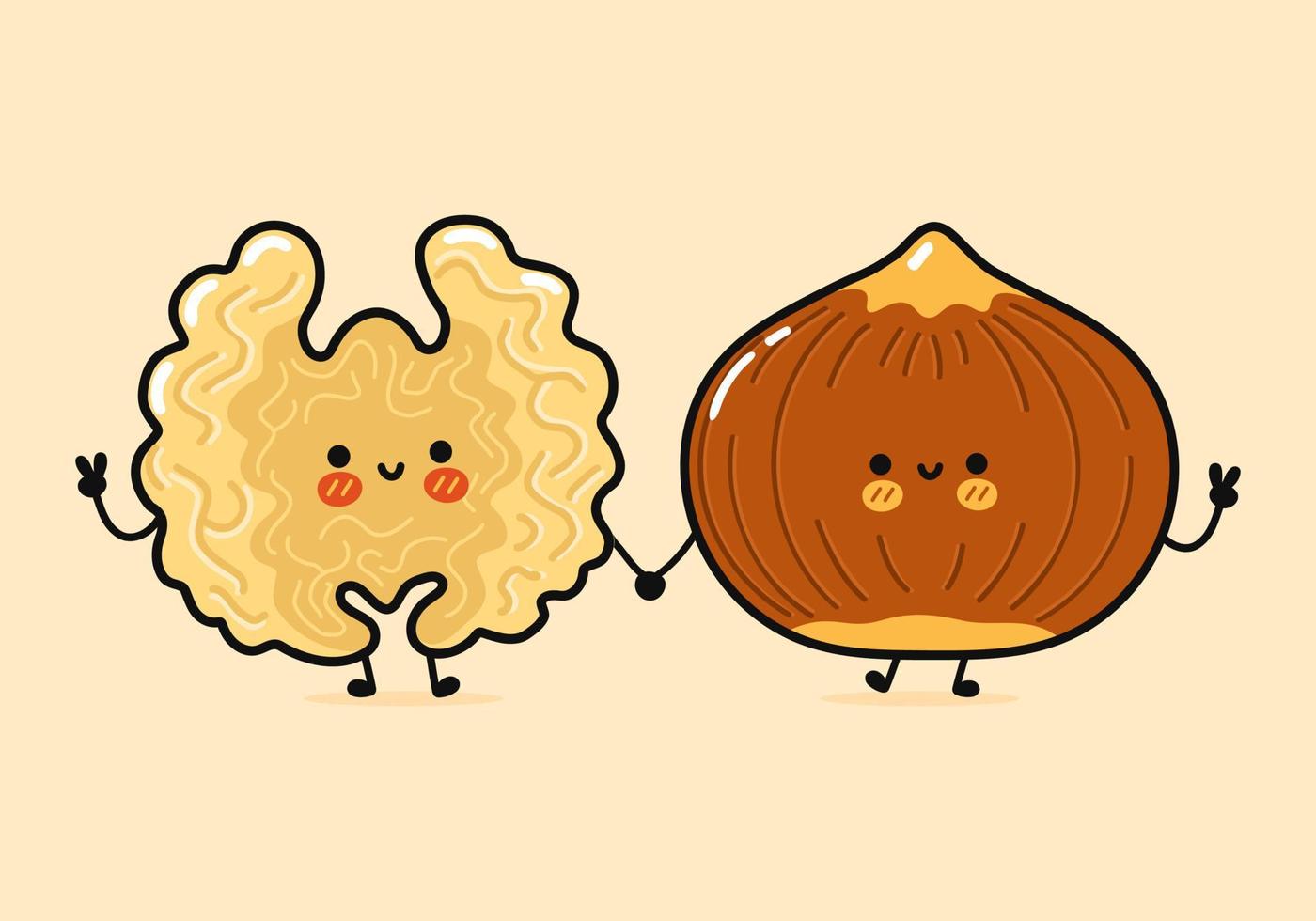 Cute, funny happy walnut and hazelnut character. Vector hand drawn cartoon kawaii characters, illustration icon. Funny cartoon walnut and hazelnut friends