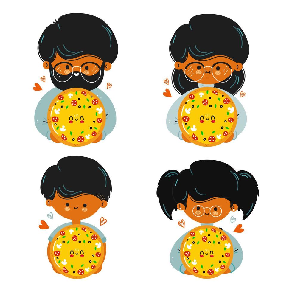 linda familia divertida tiene pizza en la mano. familia abraza linda pizza. aislado sobre fondo blanco vector