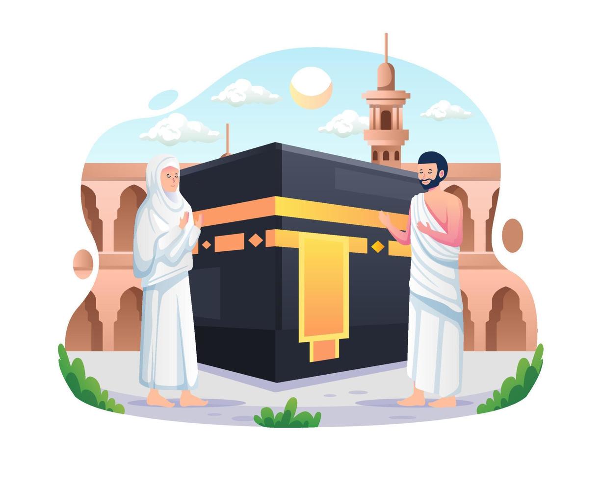 A Muslim couple performs Islamic Hajj Pilgrimage. Man and Woman Hajj characters wear ihram clothes with a Kaaba background. Vector illustration in flat style