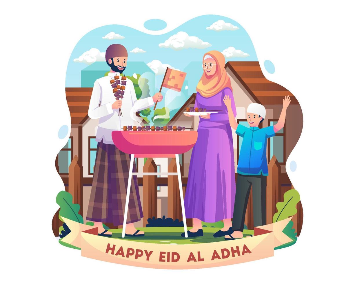 Muslim family making and grilling satay of sacrificial animal meat on the grill to celebrate Eid al-Adha. Vector illustration in flat style