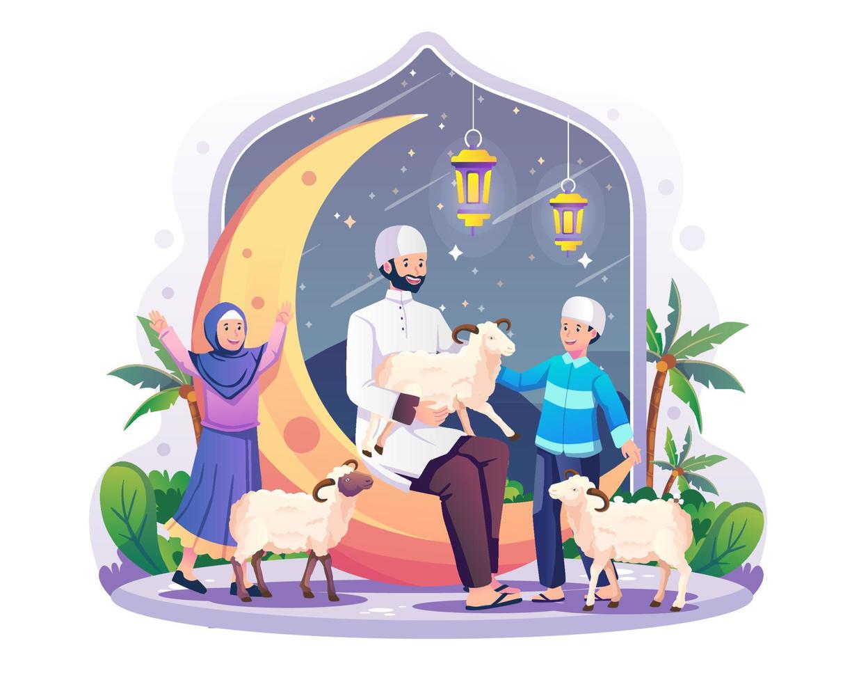 a father and his children are celebrating the night of Eid al-Adha with the sheep. a Muslim sitting on the crescent moon holding a lamb. Vector illustration in flat style
