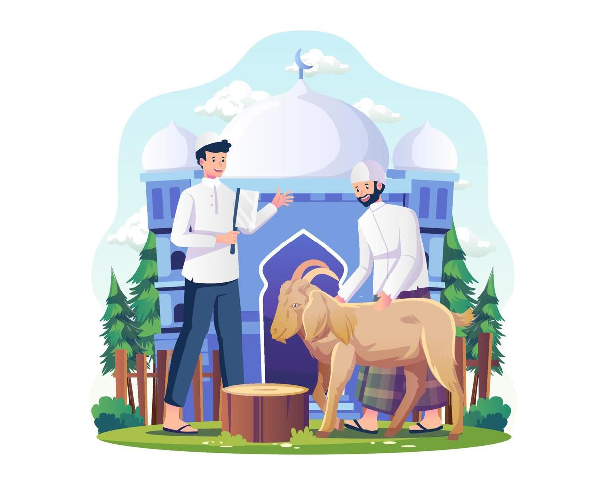 People are slaughtering goats as sacrificial livestock animals. men are holding a goat for Qurban. People celebrate Eid al-Adha. Vector illustration in flat style