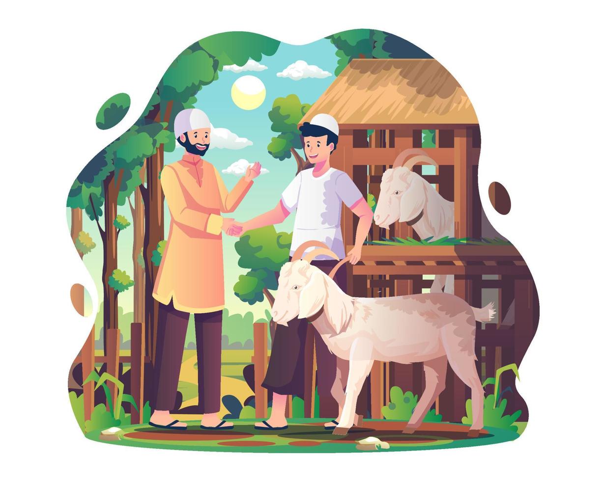 los musulmanes están comprando animales de sacrificio a los granjeros para celebrar eid al adha. dos personas se dan la mano de acuerdo después de comprar una cabra. ilustración vectorial en estilo plano vector