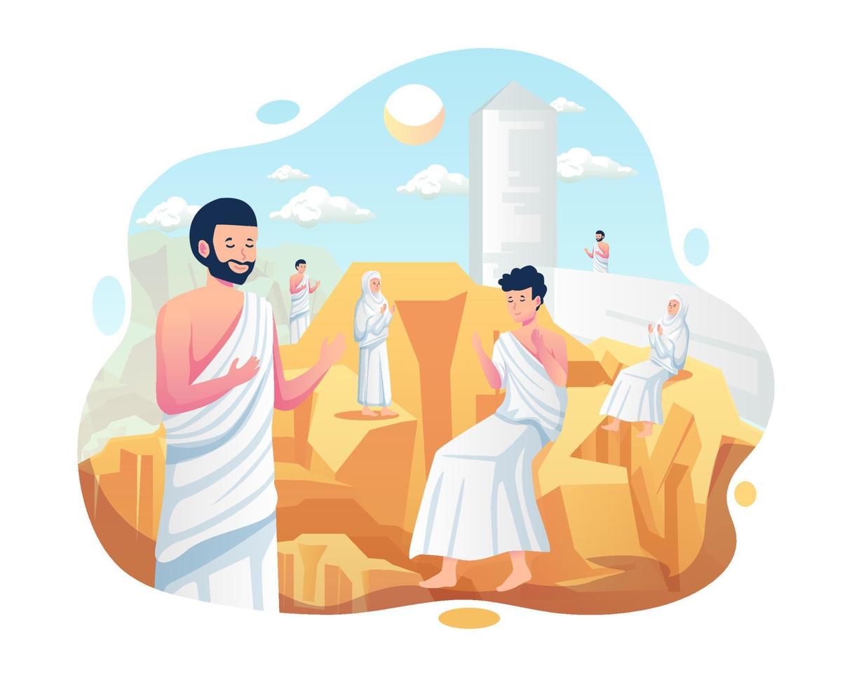 Muslim pilgrimage praying on Jabal Rahmah mountains at Arafat hill. Muslim People perform Islamic Hajj Pilgrimage. Vector illustration in flat style