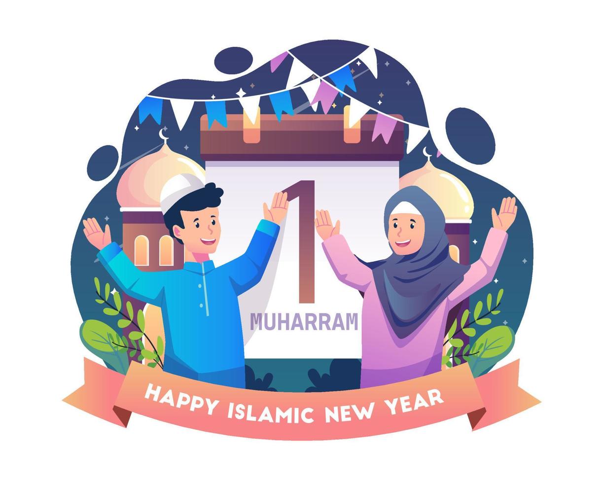 los musulmanes celebran el año nuevo islámico o el año nuevo hijri. feliz primer año nuevo islam muharram. ilustración vectorial en estilo plano vector