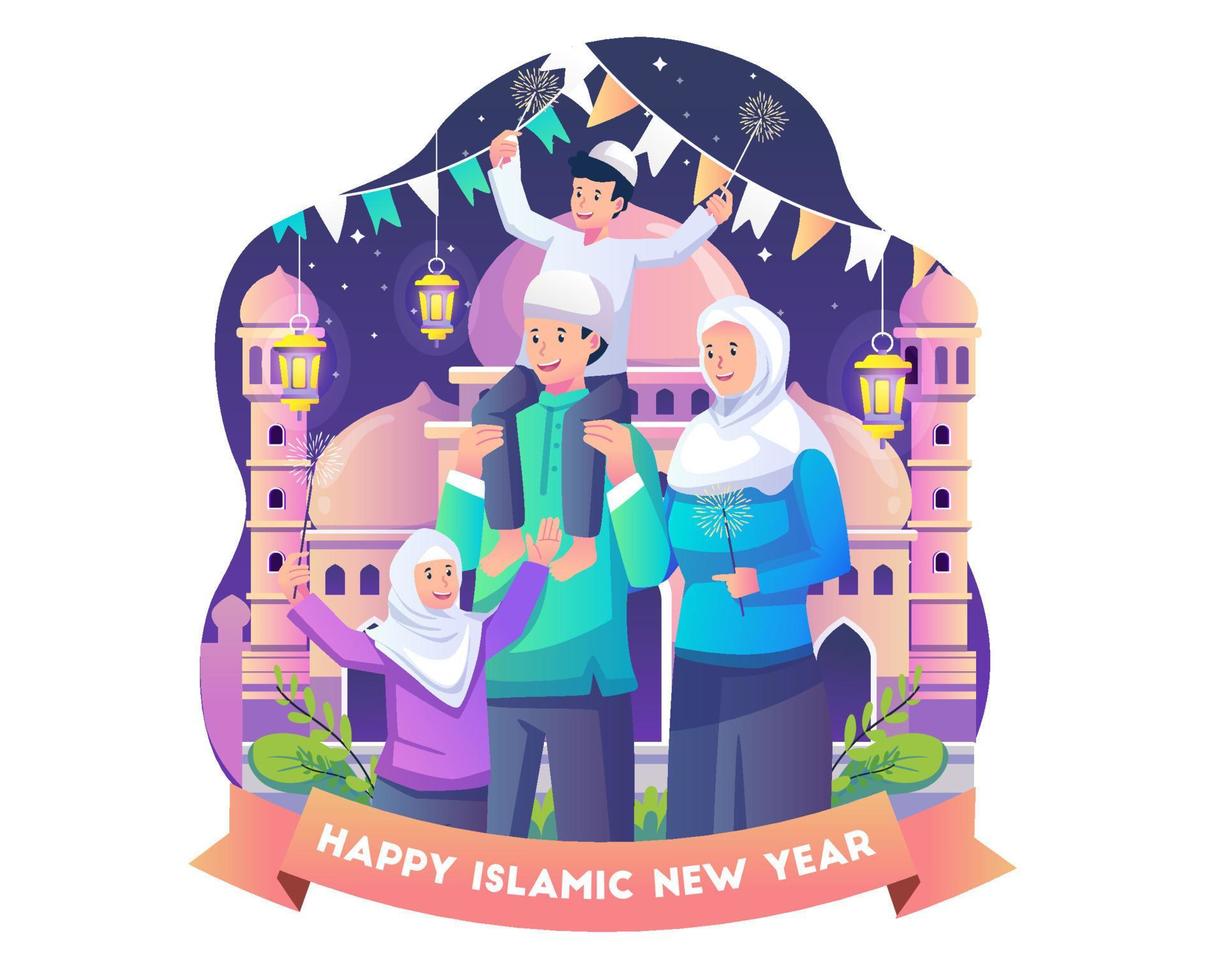 una familia musulmana celebra el año nuevo islámico o el año nuevo hijri. feliz primer año nuevo islam muharram. ilustración vectorial en estilo plano vector