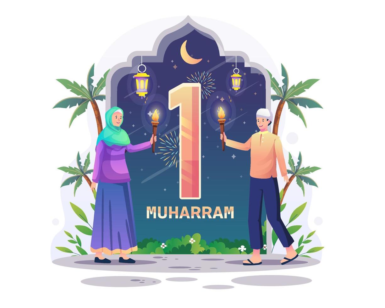 los musulmanes llevan antorchas para celebrar el año nuevo islámico o el año nuevo hijri. feliz primer año nuevo islam muharram. ilustración vectorial en estilo plano vector