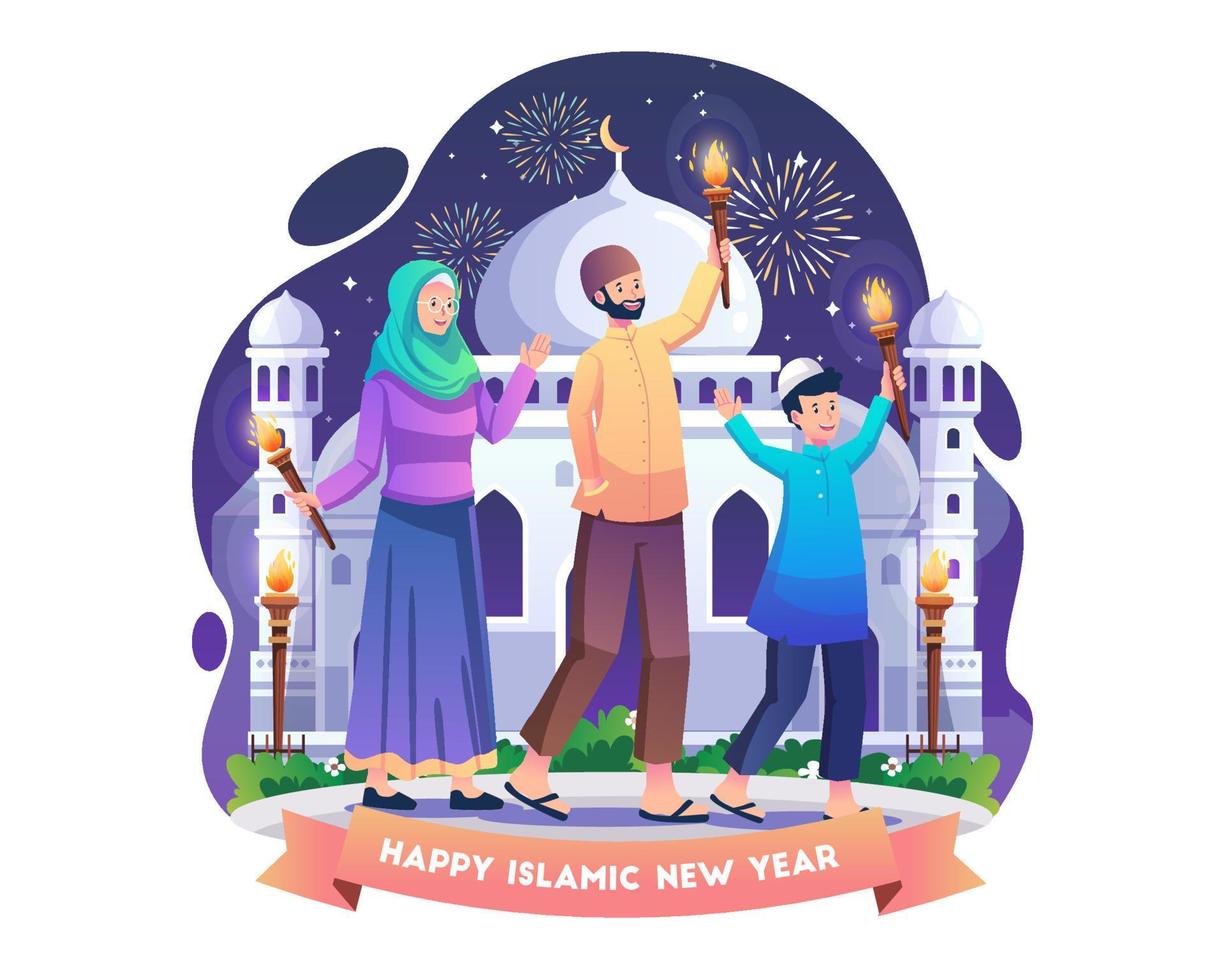 los musulmanes celebran el año nuevo islámico con un desfile de antorchas. feliz año nuevo islámico o año nuevo hijri 1st muharram. ilustración vectorial en estilo plano vector