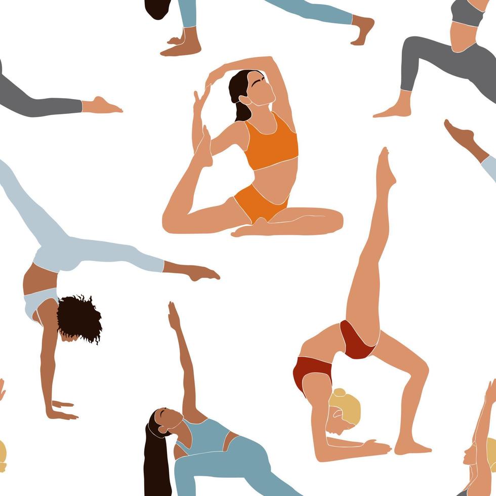 Abstract young women exercising yoga seamless pattern. Do yoga meditation practice cartoon style. Exercise workout background. Healthy lifestyle morning fitness activities pictures. Calmness, relax. vector