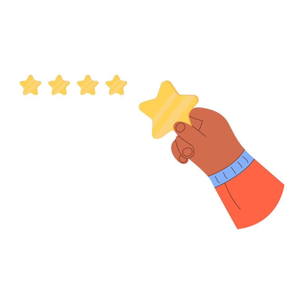 Cartoon hand holds yellow star. Gives the rating Five stars. Customer good review, supporting client service successful. Online feedback, survey concept. Modern flat illustration vector