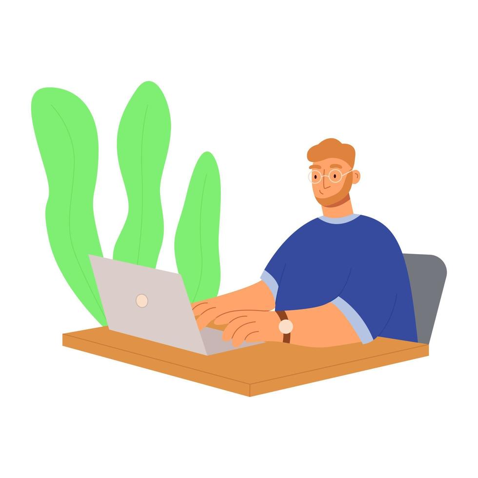 Man use computer or laptop at comfortable workplace. Freelancing, online education or social media concept. Working remotely at his desk at home office. Illustration in cartoon flat style vector