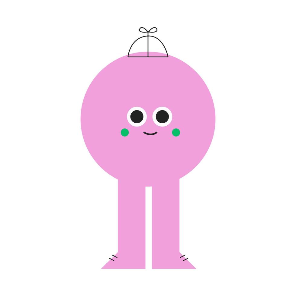 forma geométrica básica brillante de círculo rosa con expresión facial y pies. linda forma colorida, colores de moda, ilustración para la educación moderna de los niños. personaje divertido, emoji de moda vector
