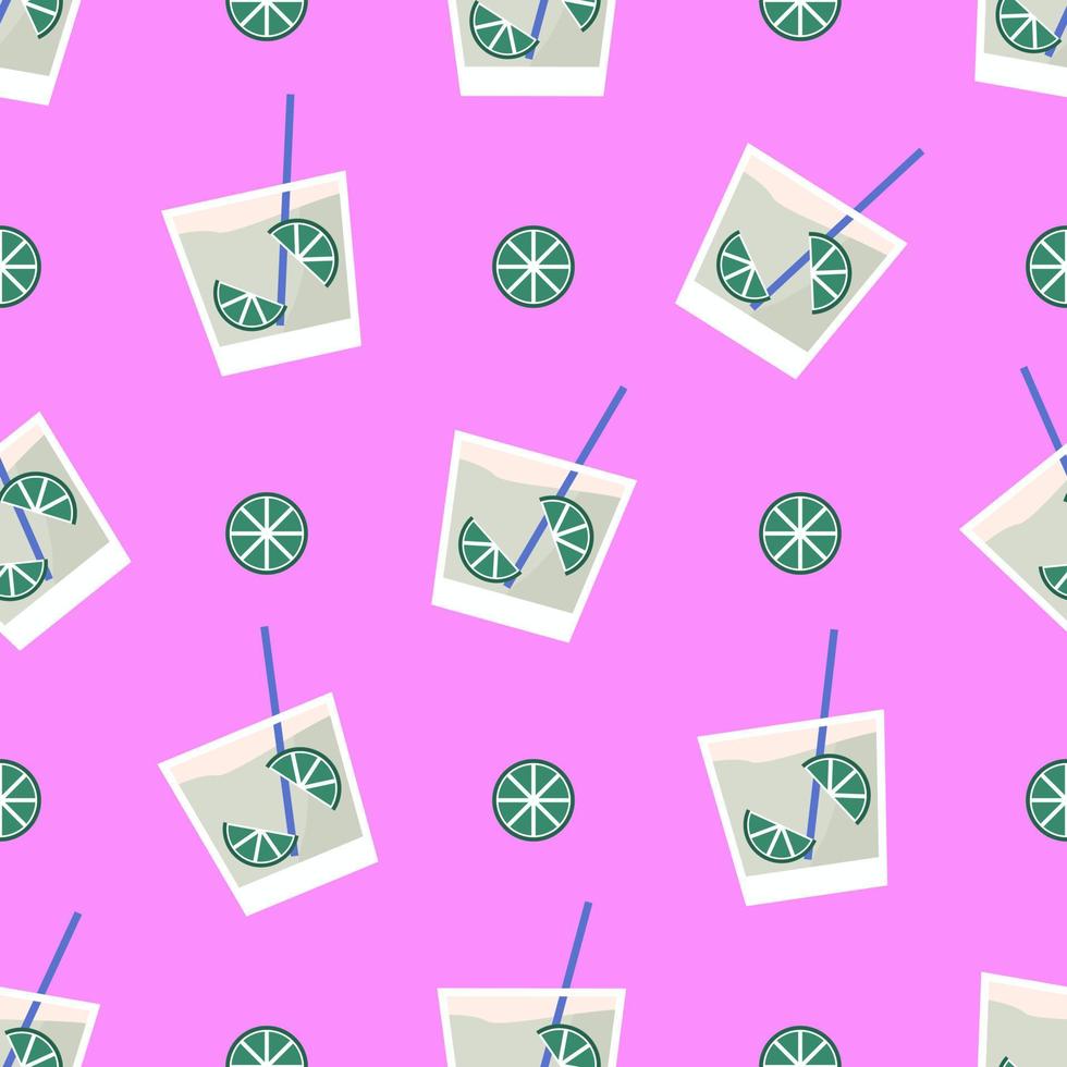 Alcoholic drink with cocktail tubes on pink background. Summer tropic cocktail with lime slices. Cold refreshing beverage in glass. Hand drawn trendy summer tropic party  seamless pattern. vector