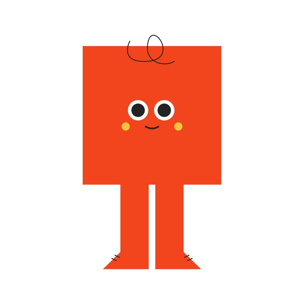 Bright basic geometric shape of Red Square with facial expression and feet . Cute colorful shape, trendy colors, illustration for kids modern education. Funny character, trendy emoji vector