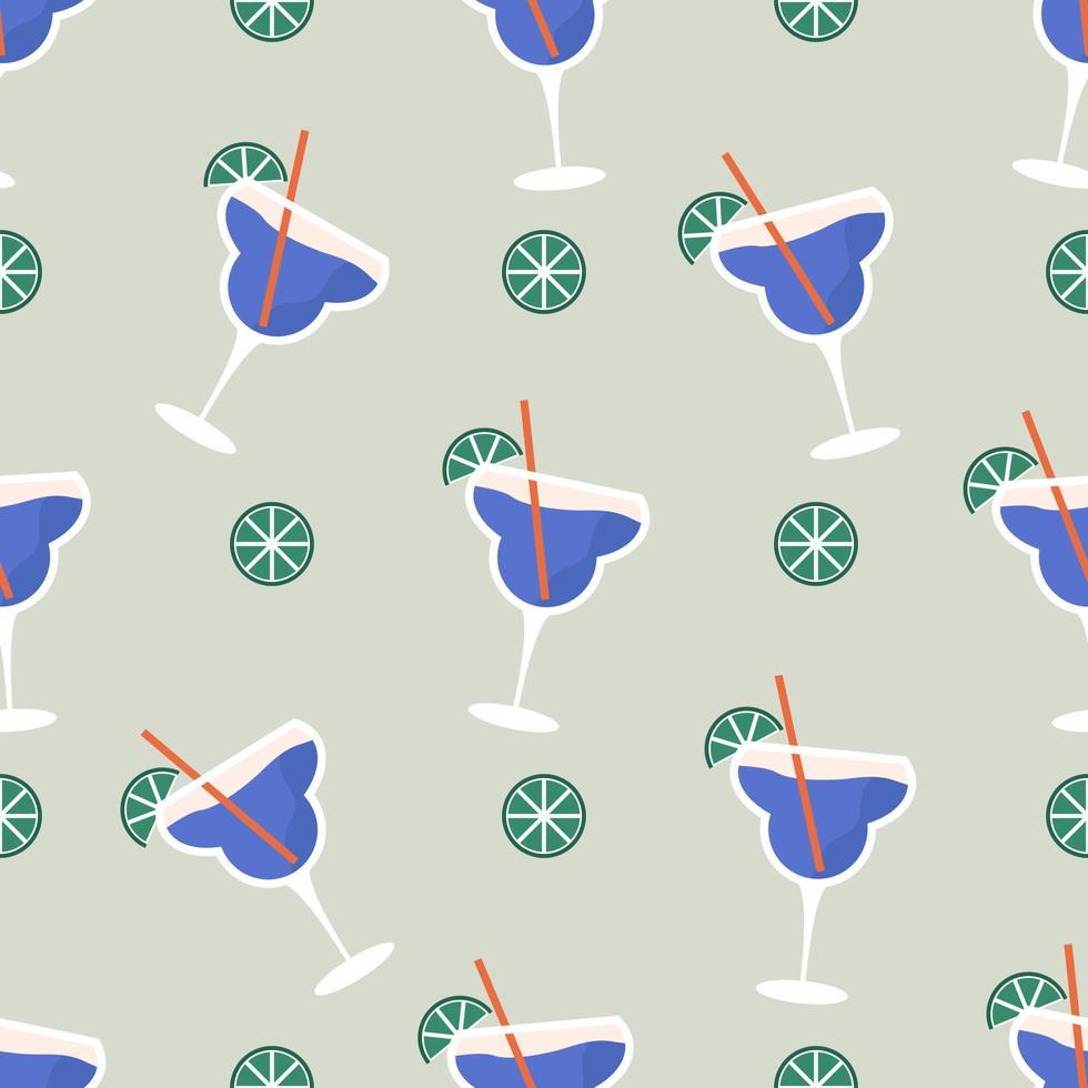 Alcoholic drink with cocktail tubes on blue background. Summer tropic cocktail with lime slices. Cold refreshing beverage in glass. Hand drawn trendy summer tropic party seamless pattern. vector