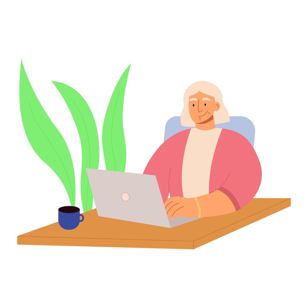 Cute old woman working on laptop computer at home. Elderly person study to work on notebook or computer. Active life, modern technology, old age, work remotely, freelance. Flat illustration. vector