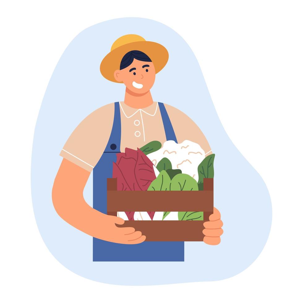 Man in uniform with organic harvest in wood box. Gardening concept. Farmer male character holding crate of fresh vegetables. Work in a garden, farm. Hand draw flat cartoon illustration vector