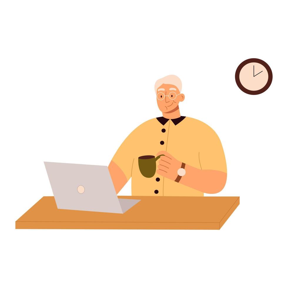 lindo anciano trabajando en una computadora portátil en casa. la persona mayor estudia para trabajar en una computadora portátil o computadora. vida activa, tecnología moderna, vejez, trabajo remoto, freelance. ilustración plana vector