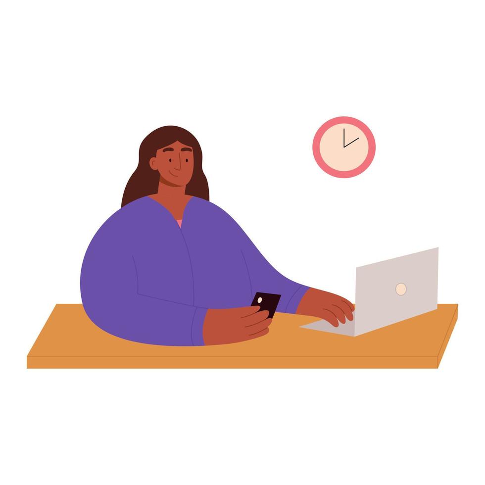 la mujer usa computadora o computadora portátil, teléfono inteligente en un lugar de trabajo cómodo. trabajo independiente, educación en línea, redes sociales. trabajando de forma remota en su escritorio en la oficina en casa. ilustración en estilo plano de dibujos animados vector