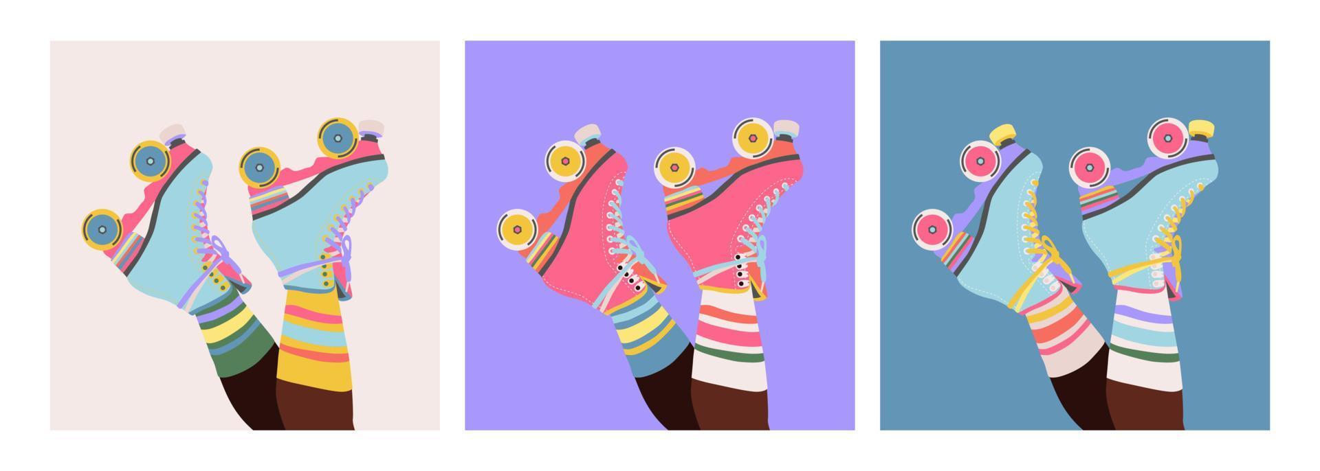 Set of roller skates on woman legs with long socks. Girls wearing roller skates. Hand-drawn trendy illustration of legs and rollerblades. Female legs. Pastel colour web banner design. Modern poster. vector