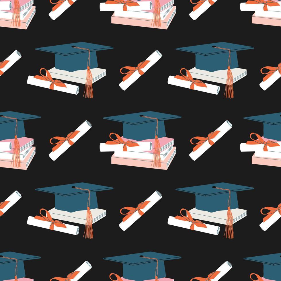 Seamless pattern of graduation cap on book stack with diploma. Pile of books, encyclopedias, education and success concept,university library, academic and school knowledge. Hand drawn cartoon pattern vector