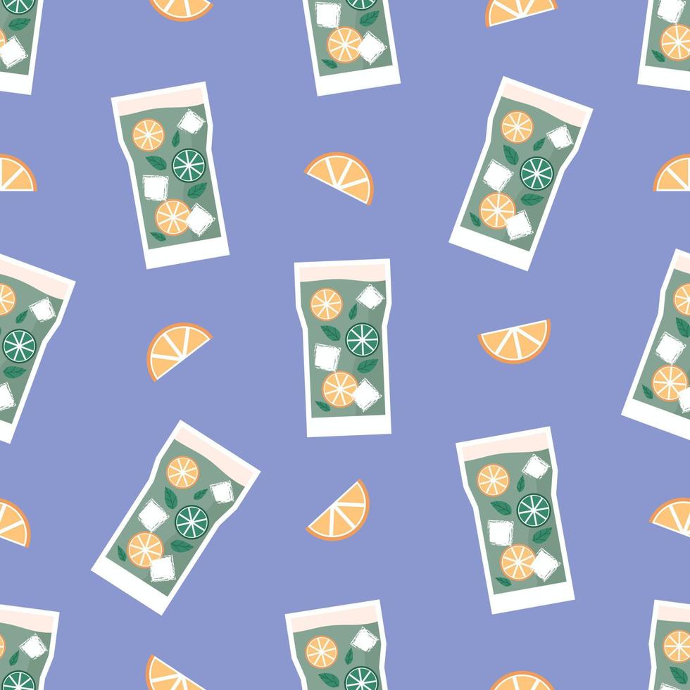 Summer tropic drink, cold citrus refreshing beverage in glass. Fresh homemade lemonade, soda, mojito cocktail with lemon, orange slices , mint. Hand drawn summer tropic party seamless pattern vector