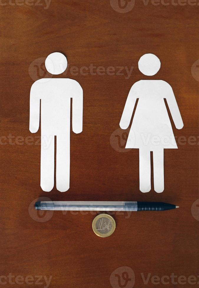 Gender equality - Overcoming the pay gap. Male and female symbol balancing on Euro coin photo