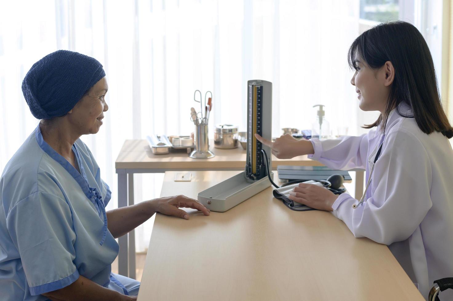 Cancer patient woman wearing head scarf after chemotherapy consulting and visiting doctor in hospital.. photo
