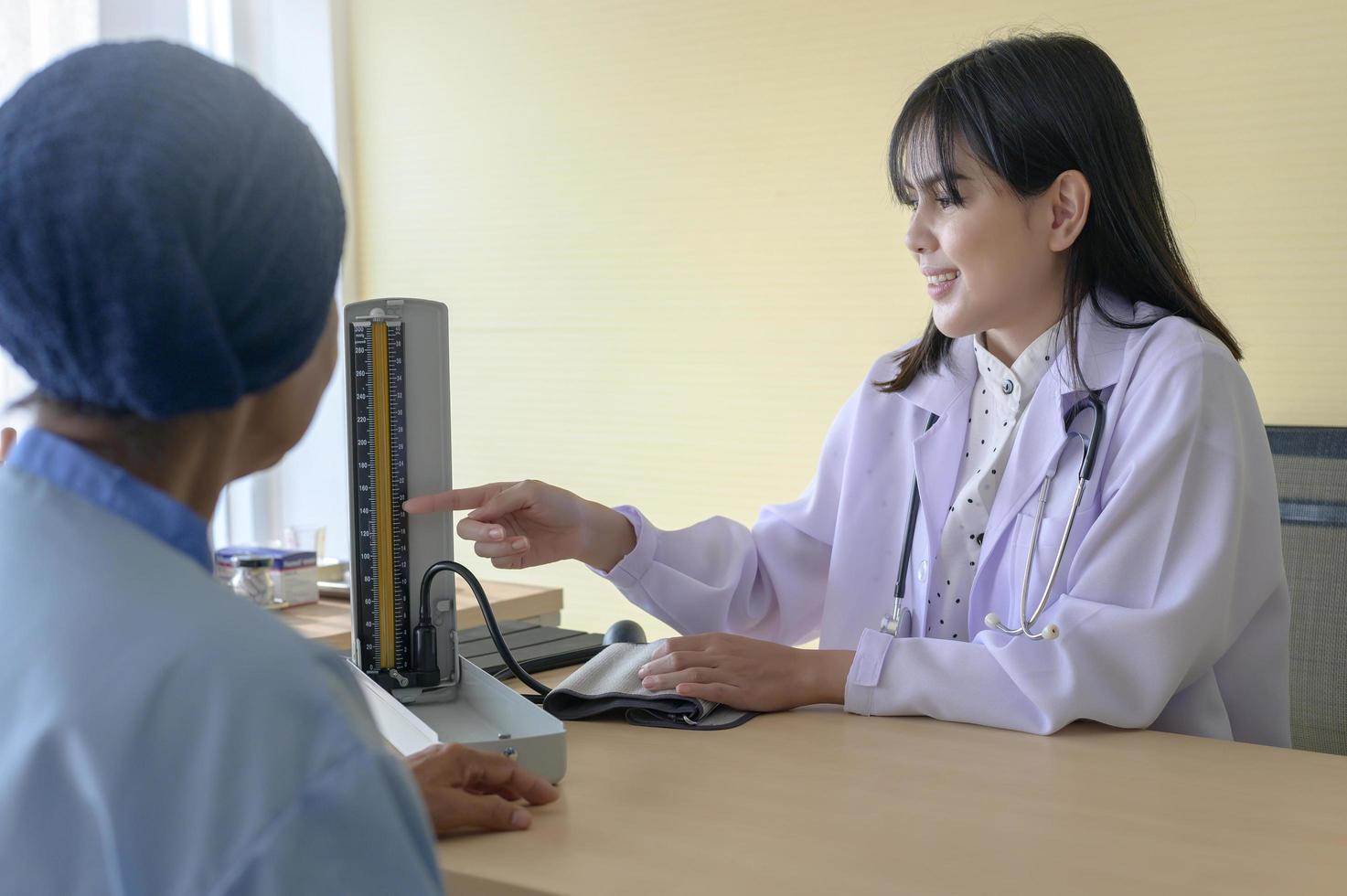 Cancer patient woman wearing head scarf after chemotherapy consulting and visiting doctor in hospital.. photo