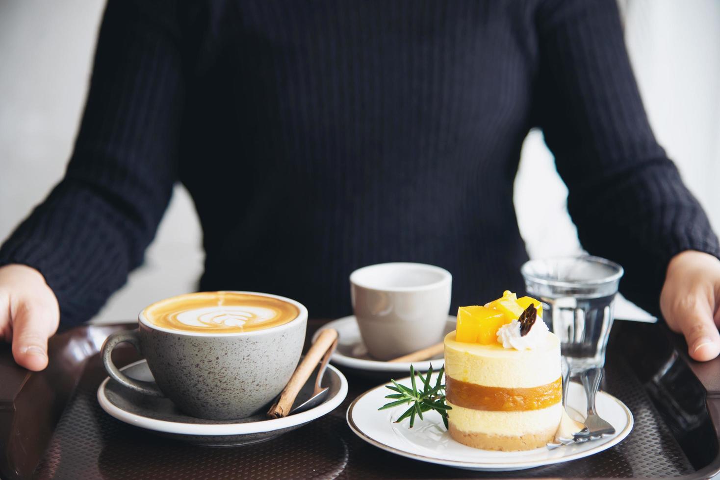 People serve beautiful fresh relax morning coffee cup set - people with coffee set background concept photo